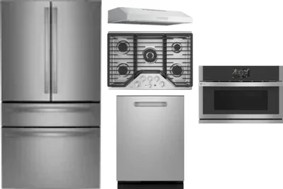 5 Piece Package Includes Refrigerator, Cooktop, Wall Oven, Hood And Dishwasher